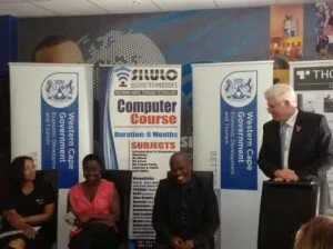 Business owners Terry Jo Thorne, Solani Lidzhade and Luvuyo Rani with minister Alan Winde at the EDF.